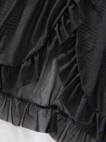 女士精致花卉刺绣荷叶边下摆性感吊带裙和透明 V 字形内裤套装 - 黑色 - 查看 5