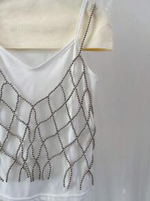 DEKUNER Handmade Beaded Camisole, Cardigan, Hollow Out Vest, Sweet & Cute Style, Versatile, Fashionable Outerwear, Slimming, Suitable For Women's Daily Commute Outfit - Bright Silver - View 7