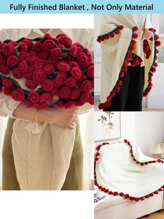 1件成品玫瑰花毯，手工钩织，亚克力材质，优雅蓬松，铃兰图案，饰以牛奶玫瑰流苏，可作床毯、沙发毯，母亲节礼物，送给妈妈的连衣裙
