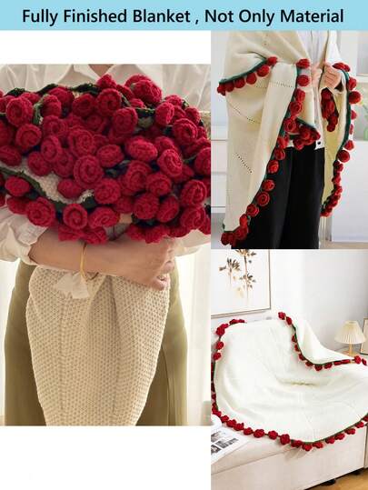 1条手工钩织玫瑰花毯，腈纶材质，优雅蓬松，铃兰图案，配牛奶玫瑰流苏，可作床毯/沙发毯，母亲节礼物