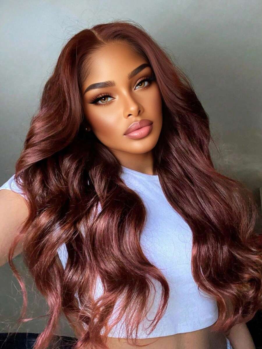 Reddish Brown Body Wave Lace Front Wigs Human Hair 200 Density 13x4 HD Transparent Lace Frontal Wigs For Women Pre Plucked Bye Bye Knots Water Wave Human Hair Wig With Baby Hair 40inch - 棕色 - 查看 1