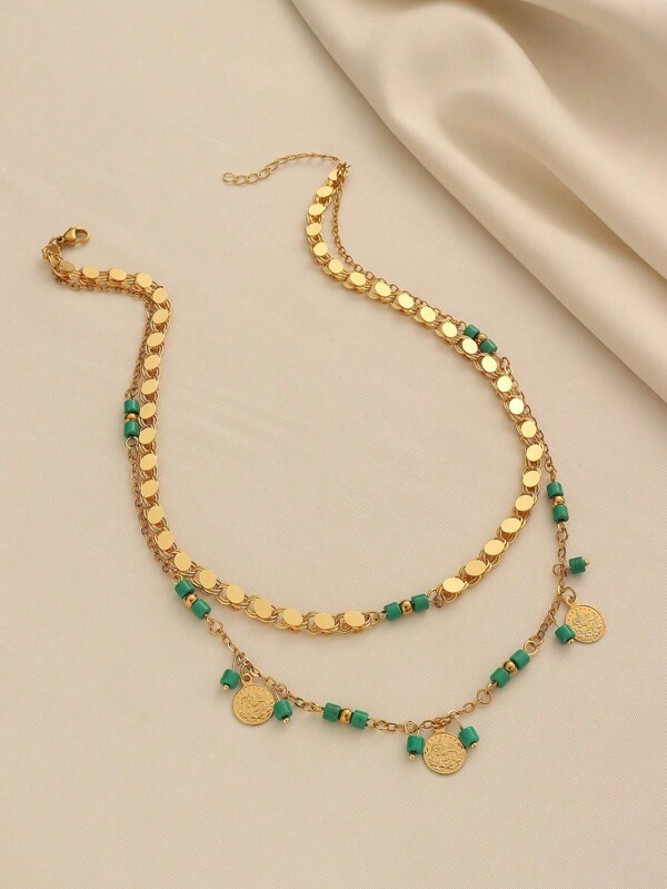 1 pieza Elegante collar de doble capa hecho a mano con colgante de cuenta de moneda de aleación de cobre chapado en oro vintage, adecuado para uso diario de mujeres y como regalo de vacaciones