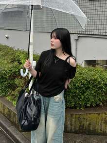 女士纯色斜领春夏短袖抽绳休闲T恤 黑色 - 黑色 - 查看 3