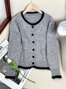 Wixra 2025 Autumn New Design Colorblock Heart Button Knitted Cardigan, Versatile Women Sweater Jacket - Grey - View 1
