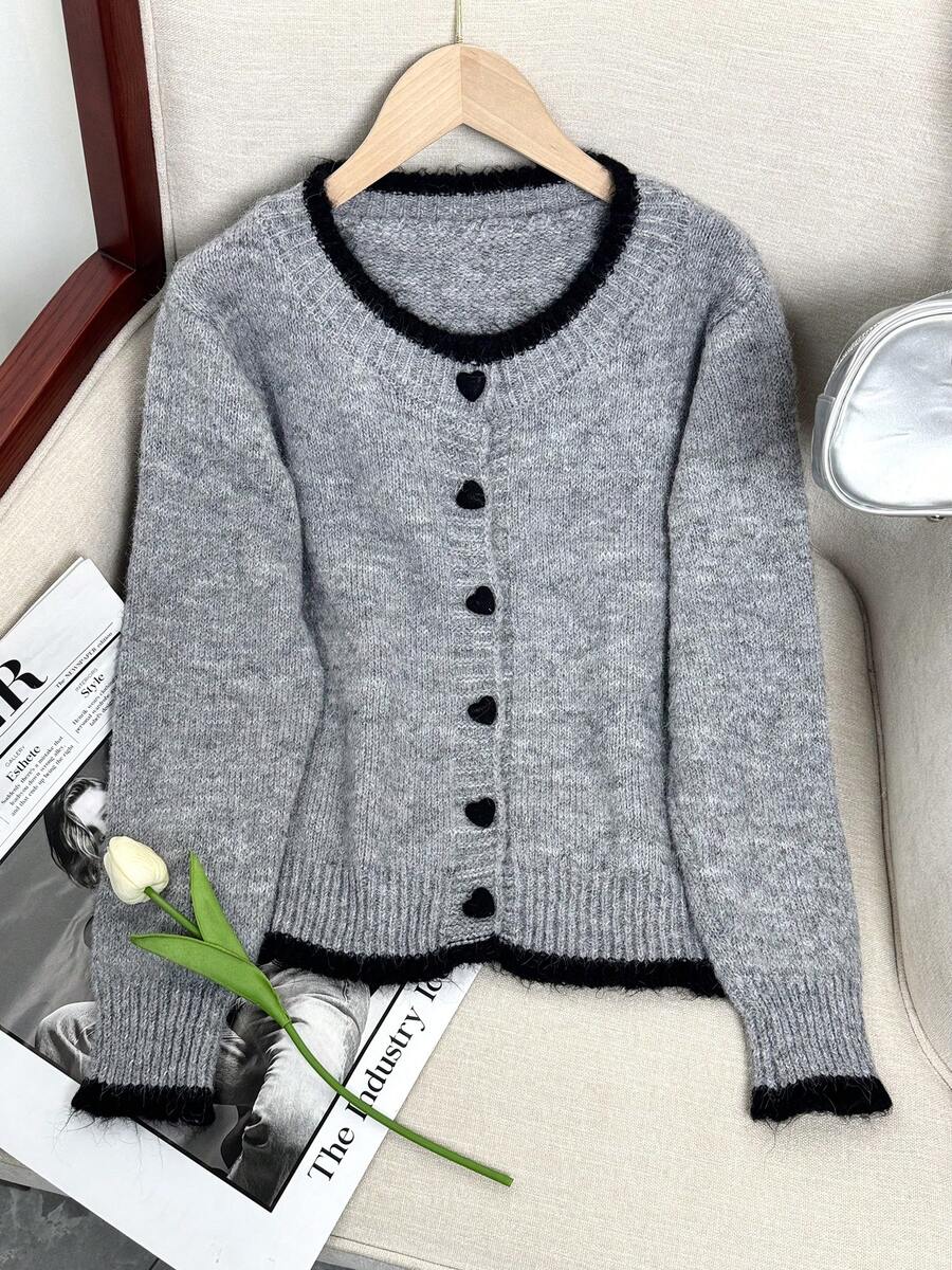 Wixra 2025 Autumn New Design Colorblock Heart Button Knitted Cardigan, Versatile Women Sweater Jacket - Grey - View 1