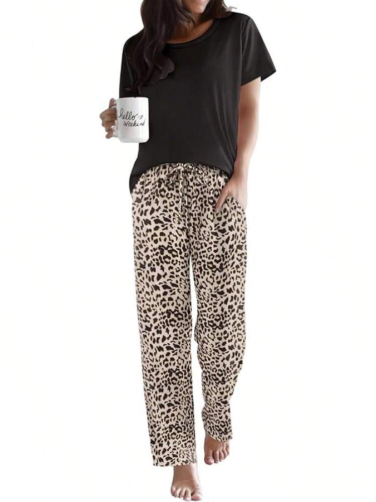 Pajama Sets Women Round Neck Pjs Short Sleeve Sleepwear With Long Pants Loose Lounge Sets - 豹 - 查看 1