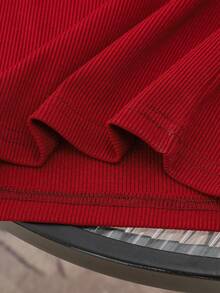 2件套少女时尚无袖领上衣和蝴蝶结刺绣蕾丝荷叶边百褶裙套装，夏季 - 酒紅色 - 查看 7