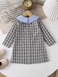 年轻女孩格子领长袖中长连衣裙，时尚优雅，适合日常外出、度假、聚会、秋冬 - 藍色 - 查看 3