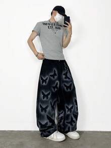 1 chiếc quần jean nam ống rộng, chất liệu denim mài, kiểu dáng thường ngày, vẽ tay, hiệu Hearty Haven (không kèm thắt lưng và phụ kiện) - màu đen - Xem 5