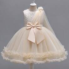 Vestido de princesa esponjoso para niña, vestido elegante para fiesta, boda y ceremonia con lazo grande y lindo, adecuado para bautizo y vestido de noche - Champán - Ver 1