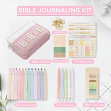 Bible Cover Case For Women, Large Bible Bag W/Shoulder Strap, Bible Study Supplies Bible Journaling Kit  Book Carrying Case With Bible Highlighters, Mothers Day Christian Gifts For Women - 粉色 - 查看 2