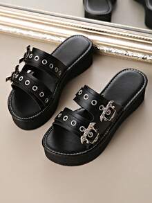 New Summer Plus Size Gothic Style Bat & Spider Rivet Decor Platform Sandals, Punk Millennium , Casual Outdoor Wear - Black - View 6