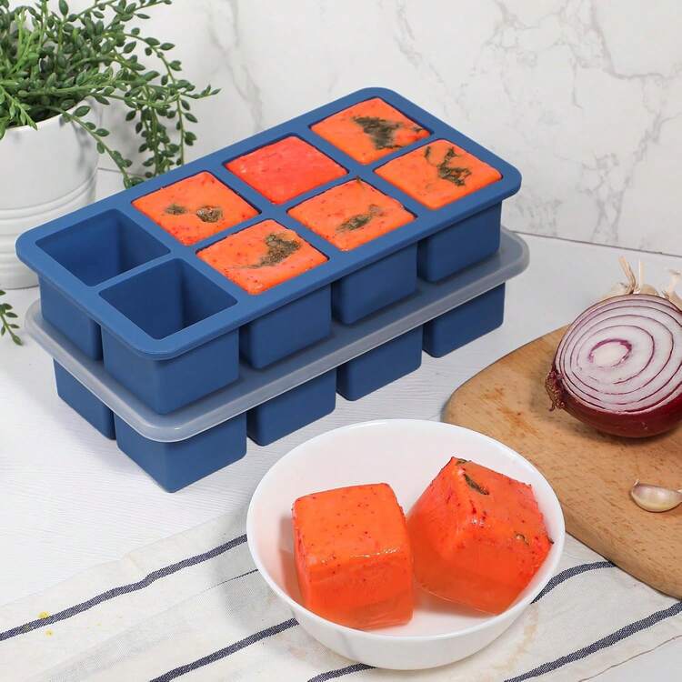 2 paquetes de moldes de silicona antiadherente KOLUTI con tapa de plástico, bandeja de 8 cubos para salsas, recipiente apilable para preparación de comidas y congelación, apto para lavavajillas - 3-Sopa - Añade 10