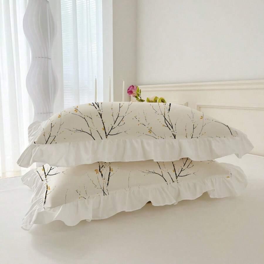 2pcs Floral Ruffle Pillowcase Set (Pillow Insert Not Included), Comfortable Breathable Soft Touch, Machine Washable, Suitable For Dorm, Bedroom, Hotel, All Seasons