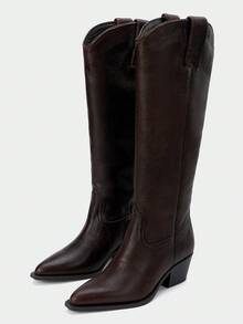 Women's Thick Heel Western Style Vintage Pointed Toe Knee-High Boots, Autumn/Winter