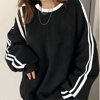 가을 면 대비 스트라이프 골지 사이드 스트라이프 상감 대비 트림 캐주얼 칼리지 스타일 크루넥 스웨트셔츠