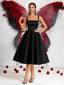 Elisanya Damen einfarbiges elegantes Kleid mit dicken Trägern, hoher Taille, A-Linie, rückenfreiem Bindegürtel, kurz. Geeignet für Abschlussball, Party, Cocktail, Abschlussfeier, Geburtstag, Date Night, Homecoming, Hochzeitsgast, Cocktailparty