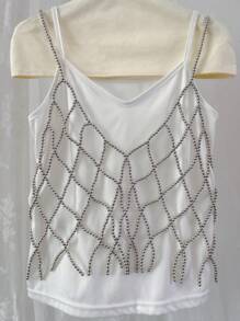 DEKUNER Handmade Beaded Camisole, Cardigan, Hollow Out Vest, Sweet & Cute Style, Versatile, Fashionable Outerwear, Slimming, Suitable For Women's Daily Commute Outfit - Bright Silver - View 6