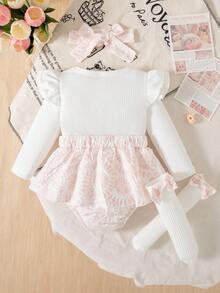 秋冬季女婴白色短袖连体衣、蝴蝶结袜子和发带套装 - 白色 - 查看 2