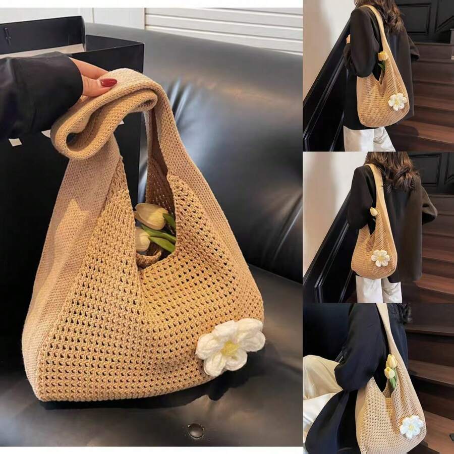 Khaki Upgraded Version Hand - Crocheted Hollow - Out Bag, Floral - Decorated Literary - Style Single - Shoulder Bag00 - 杏色 - 查看 1