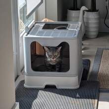 BingoPaw Caja para arena para gatos, bandeja sanitaria extra grande plegable con entrada superior y tapa, bandeja sanitaria con cubierta para gatitos, diseño de cajón fácil de limpiar con pala, color gris. - Gris - Ver 6