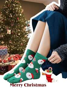 6双/10双圣诞印花袜子，舒适可爱毛绒保暖袜，女士长袜（款式随机）- 1双/3双/5双 - 彩色 - 查看 5