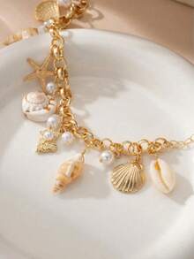 1pc Ocean Theme Starfish, Shell, Pearl Beaded Bracelet, Fashionable Multi-Layer Pendant Bracelet, Suitable For Beach Party And Vacation (Handmade, Color And Size May Vary Slightly)