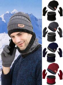 3 件套男士针织羊绒便帽、柔软保暖围巾和触摸屏手套、冬季保暖礼物冬季配饰冬季服装 - 彩色 - 查看 3