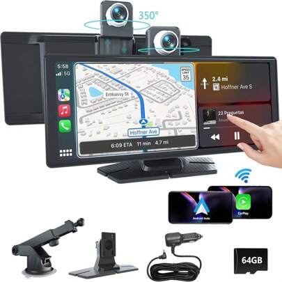 BDQ 10.26" Wireless Apple Carplay Touchscreen 2.5K +1080P Dash Cam, Portable Car Stereo GPS Navigation, Car Audio With Android Auto,Bluetooth, Airplay, Mirror Link, 64GB TF Card For All Vehicles