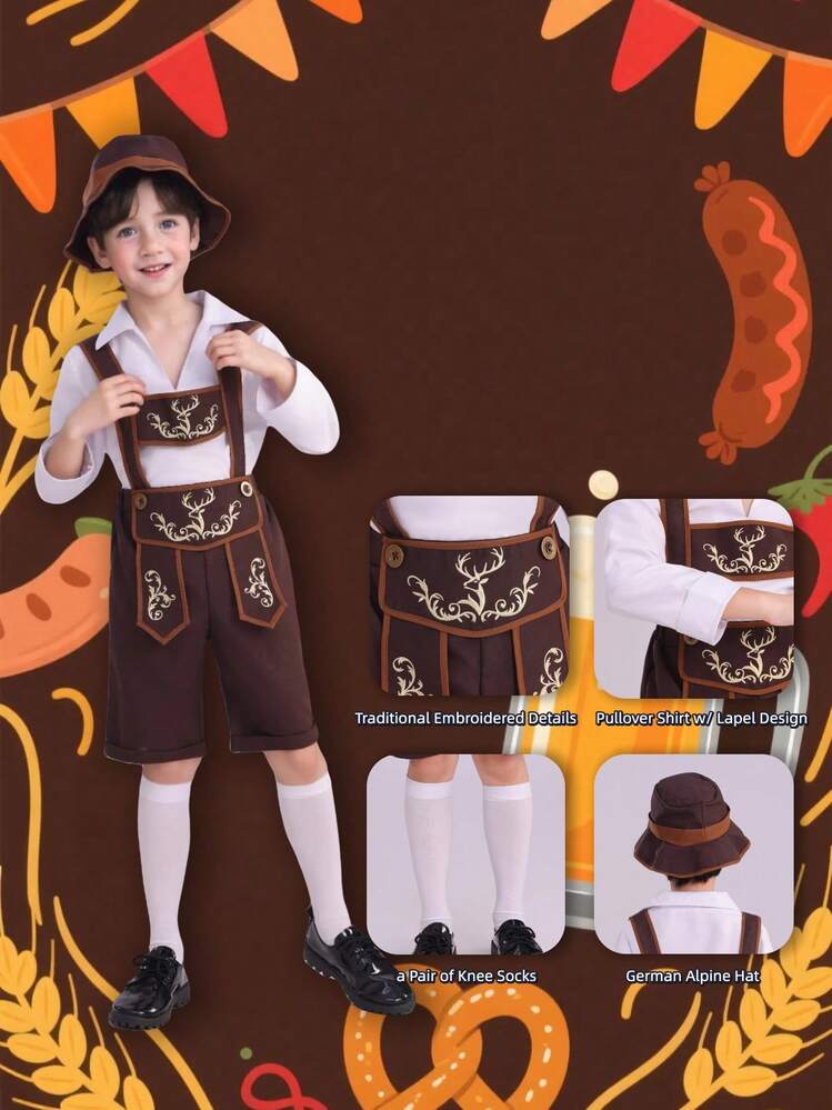 Children's Bavarian Boy Outfit Including Hat, Suspenders, Shirt And Knee-High Socks, Traditional German Costume Suitable For Oktoberfest, Halloween, Cultural Events And Stage Performances - Multicolor - View 7