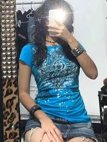 Grunge Shirts Emo Clothes Teen Girls Vintage Graphic Tee Y2k 2000s Goth Top Women Mcbling Short Sleeve StreetwearHalloween Christmas New Year 2026 - Đen Đỏ - Xem 10