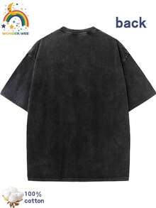 Printed Summer Youth Men'S Loose Short Sleeve Washed Vintage 230g Pure Cotton Comfortable Breathable Casual Street Round Neck T-Shirt - 黑色 - 查看 2