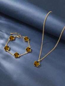 1 套男士商务时尚经典幸运四叶草项链和手链套装 - 五葉草 - 查看 4