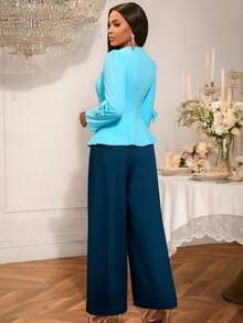 Women's Two Pieces Suits Sets Dressy Bowtie 3/4 Long Sleeve Button Baggy Pants Elegant Vintage Business Outfits For Date,Party,Wedding ,Bridesmaid ,Graduation ,Wedding Guest Fall Women Clothes,Back To School