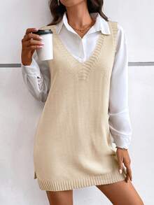 女式纯色 V 领简约无袖侧开衩针织毛衣裙，休闲日常穿着 - 米色 - 查看 3