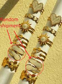 6pcs/Set Fashionable, Elegant, Unique, Exquisite, Luxury, Versatile, Charming Heart, Sun, Moon, Sunflower, Geometric Asymmetrical Glitter Drip Oil Rings Set, Suitable For Daily Wear, Festivals, Parties, Business Formal Events