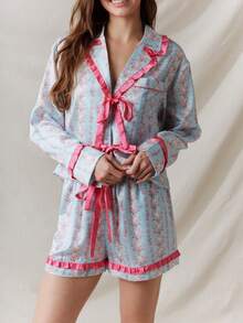 Women Y2k Summer 2 Piece PJs Pajama Sets Long Sleeve V Neck Lapel Button Down T-Shirt Floral Print T-Up Front Top Elastic Waist Wide Leg Drawstring Pajama Bottoms Casual Loungewear Sleepwear - 藍色 - 查看 1