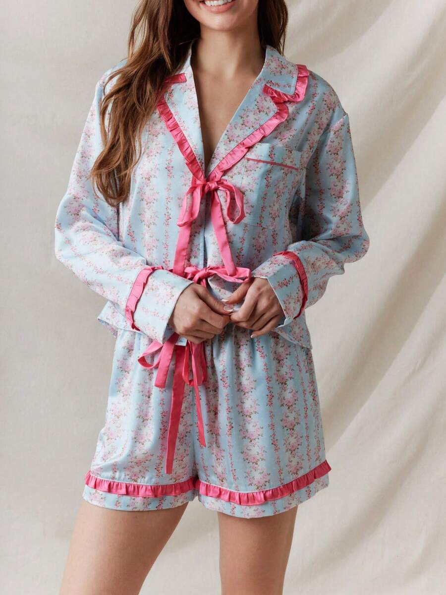 Women Y2k Summer 2 Piece PJs Pajama Sets Long Sleeve V Neck Lapel Button Down T-Shirt Floral Print T-Up Front Top Elastic Waist Wide Leg Drawstring Pajama Bottoms Casual Loungewear Sleepwear - 藍色 - 查看 1