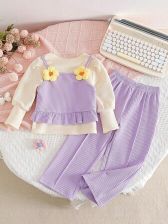 3pcs/Set Toddler Girls' Fashionable Casual Warm Long Sleeve T-Shirt + Floral Decor Camisole + Matching Pants Outfit