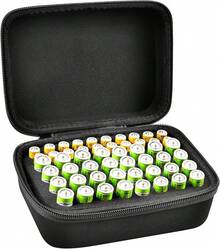 Caja de almacenamiento organizadora de batería para 48 pilas AA, 48 pilas AAA en total 96 con probador de batería, 2 bolsillos adicionales para otros accesorios - Más de 140 baterías - Ver 9