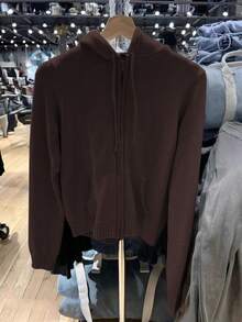 Sunny Girly Christmas Fall Winter Clothes For Women Back To School Y2K Casual Street Commuter Solid Color Zippered Side Pocket Design Hooded Brown Sweater Cardigan Coat