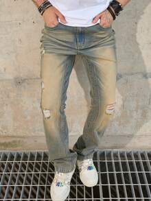 男士复古破洞宽松直筒牛仔裤 - 銅色 - 查看 5