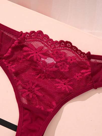 Rood Verleidelijke Set Steel Rim Kanten BH Underwear Two Pieces Flower Geborduurde Mesh Translucent Set, view 4