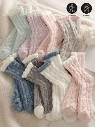 10 Pcs/6 Pcs Women's Knee-High Socks, Coral Fleece Thickened Winter Warm Plush Socks, Self-Heating Women's Tights, Suitable For Daily Wear, Sports, Home And Leisure, 14 Pcs/8 Pcs/2 Pcs