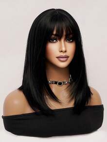 Elegant 16 Inch Black Medium Length Straight Bob Wig With Bangs - Heat Resistant Synthetic Hair, Medium Length Silky Straight Black Wig For Women Daily Wear Party Wigs, Cosplay Street Fashion Wigs - Black - View 6