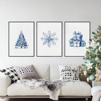 一套三幅冬季雪花和圣诞树墙画，蓝色水彩印刷帆布画，温馨冬日美学海报，节日装饰，适用于卧室、客厅或办公室，送给她的礼物，不含框
