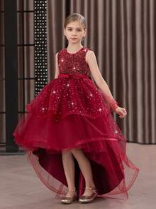 Tween Girl Christmas Elegant Sequin Trailing Tulle Princess Dress, Suitable For Birthday Party, Flower Girl, Wedding, Prom, Holiday Occasions - Burgundy - View 3