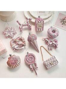 1pc New Pink Plastic Hanging Ornament, Glitter Cartoon Christmas Ornament, 3D Christmas Tree Window Decor, Christmas Decoration Set Includes Santa Claus, Snowman, Reindeer, Snowflake, Candy Cane With Hanging Rope, Suitable For Christmas Tree, Thanksgiving, New Year, Winter, Universal Holiday Decor. Due To Handmade Nature, Minor Scratches, Glitter Shedding Or Color Fading May Occur But Won't Affect Normal Use. Merry Christmas! - Multicolor - View 13