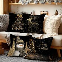 MEMNUN 4 Stück Weihnachts Schwarz Gold Weihnachtsbaum Weihnachtsmann Rentier Fröhliche Weihnachten Text Muster Polyester Dekorative Kissenbezüge [Ohne Kissenfüllung], 45*45cm/50*50cm/40*40cm, [Einseitig Muster] Weihnachts Atmosphäre Dekokissenbezüge für Sofa, Bett, Wohnzimmer, Schlafzimmer, Auto, Büro, Hotel, geeignet für alle Jahreszeiten, Weihnachtsgeschenk für Familie und Freunde