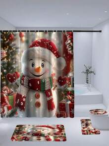 1/4 Piece Snowman Shower Curtain Set - White And Red, With Bathroom Mat And Hooks - Suitable For Christmas Bathroom Decor - Adds Holiday Atmosphere To Your Bathroom - Brings Festive Vibe To Your Shower Area